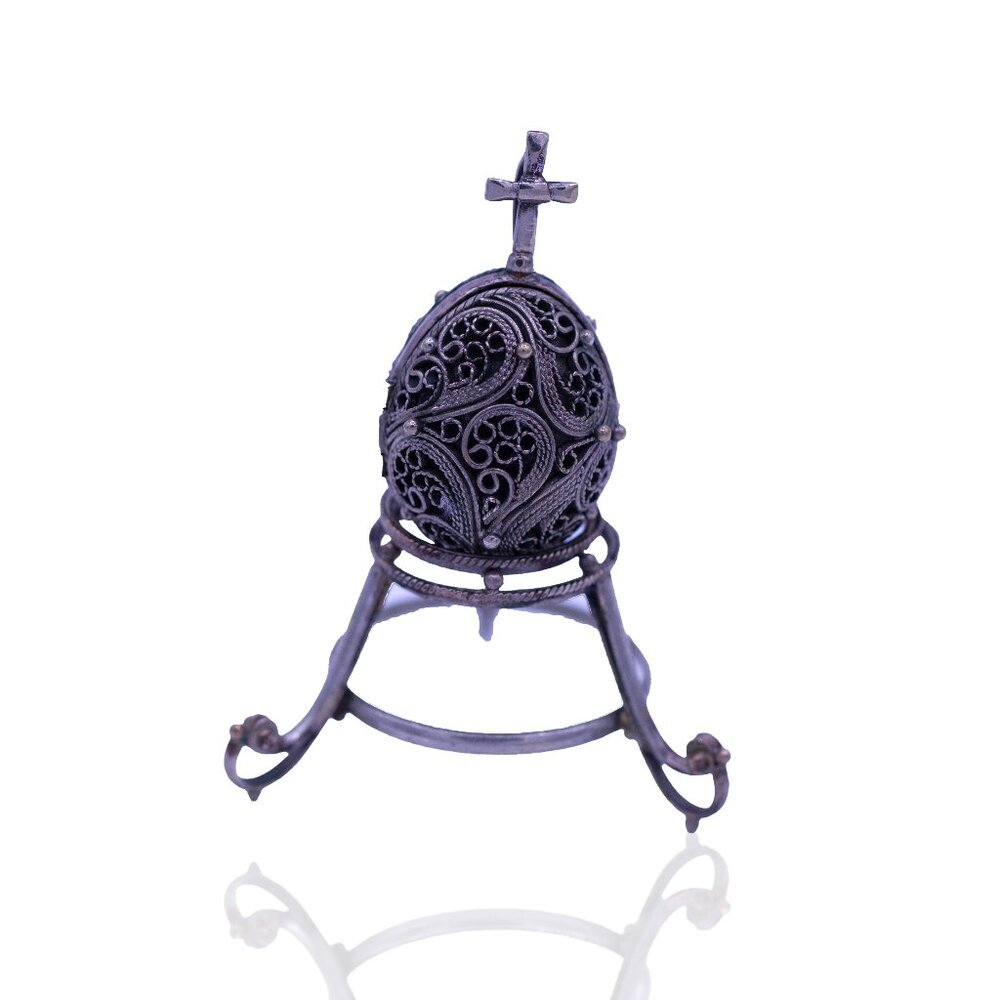 Antique Silver Russian Miniature Filligree Egg Icon Pendant, Maddona & Child